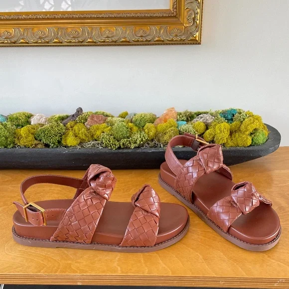 new SCHUTZ Kareena Brown Woven Leather Knot Sandals Ankle Strap Flat 6.5 - Picture 6 of 9